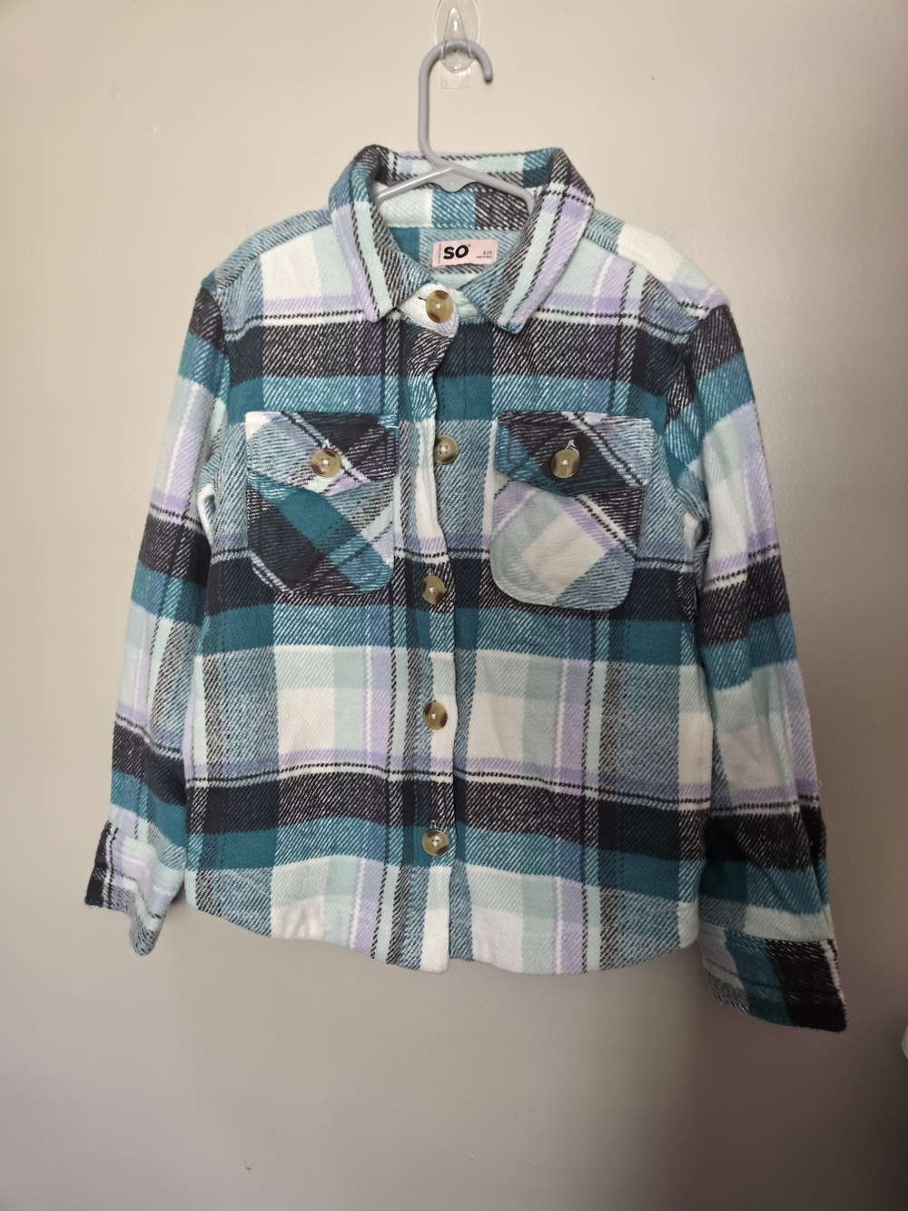 SO Plaid Flannel Button Down Shacket Jacket Aqua Purple Girls S 7